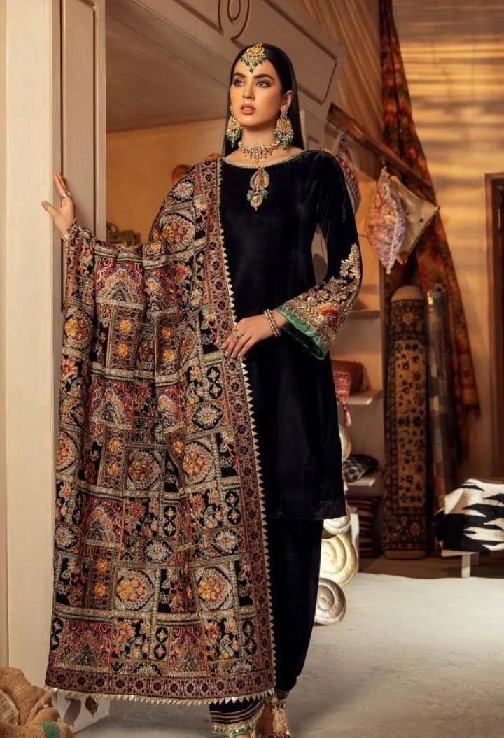 ZC-115 Black Embroidered Velvet 3pc With Karandi Shawl Winter Collection